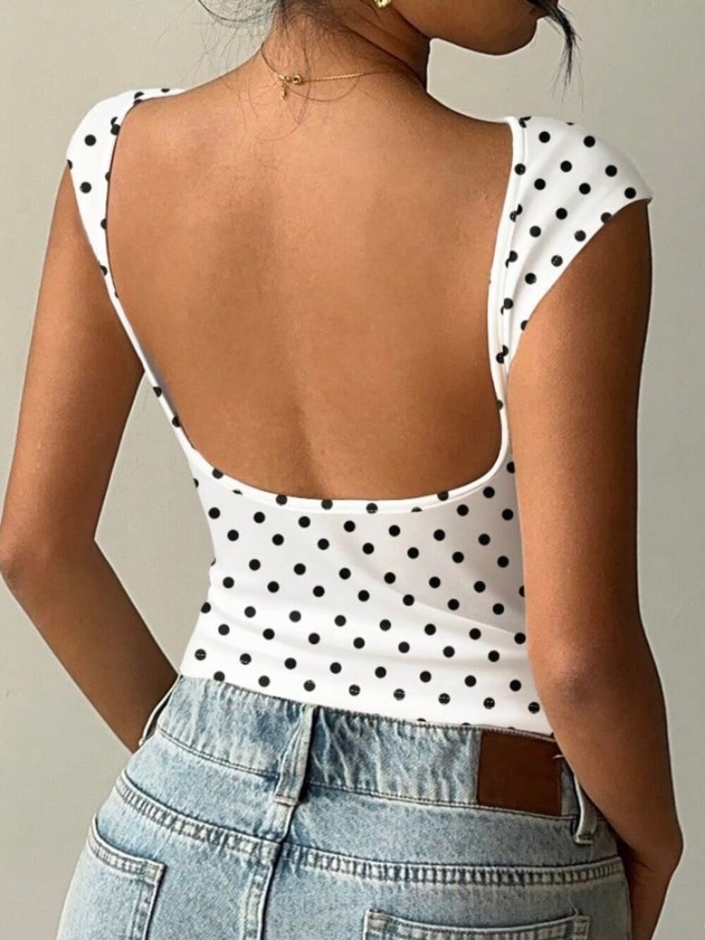 White Casual Women's Sexy Polka Dot Backless Cap Sleeve T-Shirt